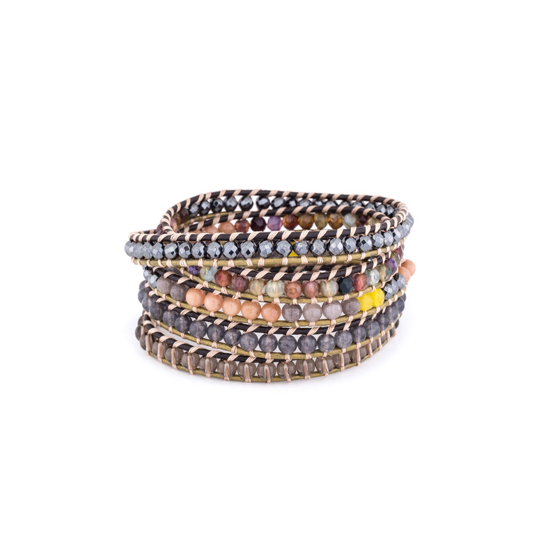 Mixed Crystals Five Times Brown Leather Wrap Bracelet by Nakamol - Rocksbox